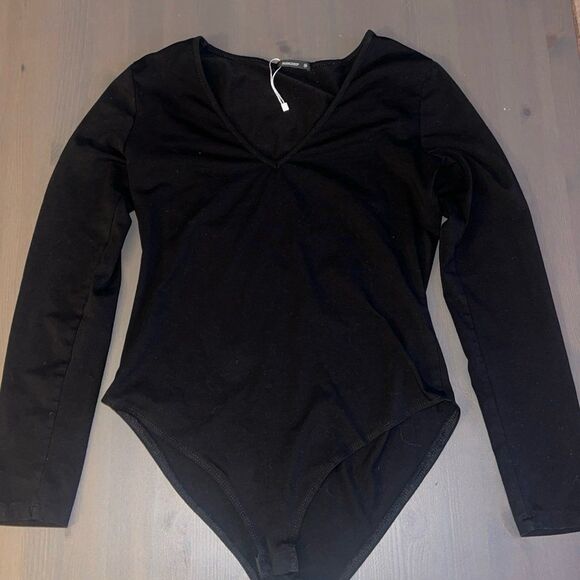 Women's Black V Neck Long Sleeve Top Basic Bodysuit Medium Party Cute MANGDIUP - Picture 1 of 4